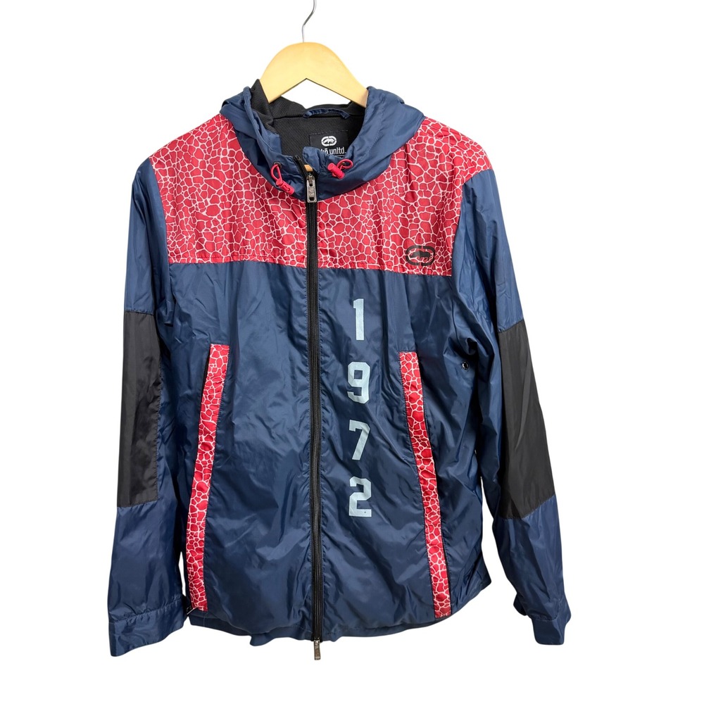 Ecko Unltd Mens Navy Blue Red Giraffe Print Hooded Windbreaker Jacket Small 1972